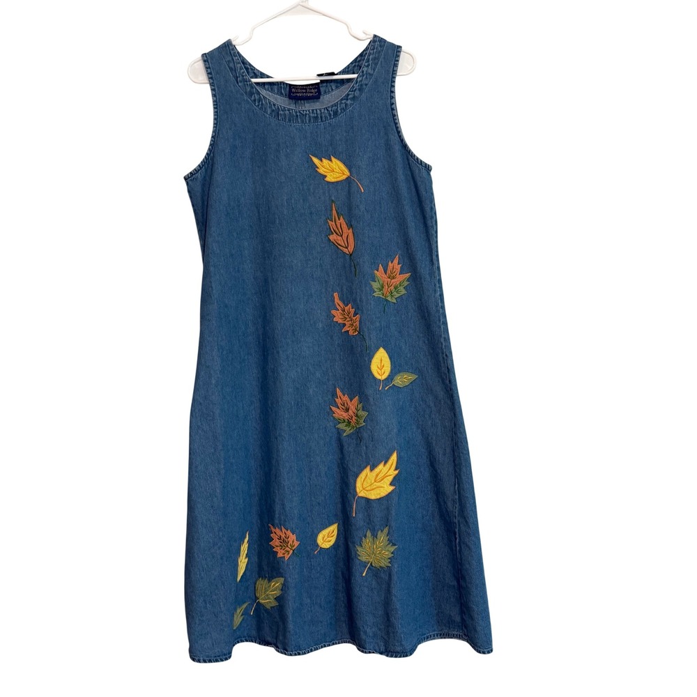 Willow Ridge Vintage Denim Embroidered Fall Leaf Midi Dress Blue Medium 22438